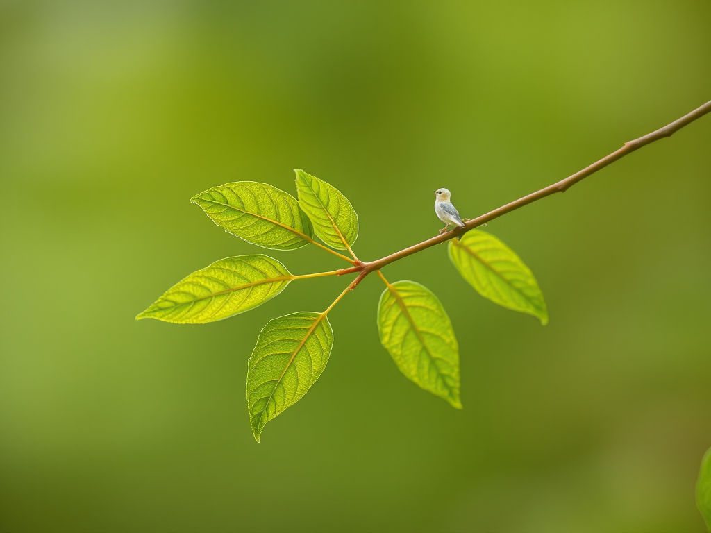 Regenerate an image of a green leaf branch against a soft blurred background, using a Canon EOS 5D Mark IV, aperture f/2.8, shutter speed 1/200, ISO 200, macro view, natural light.
