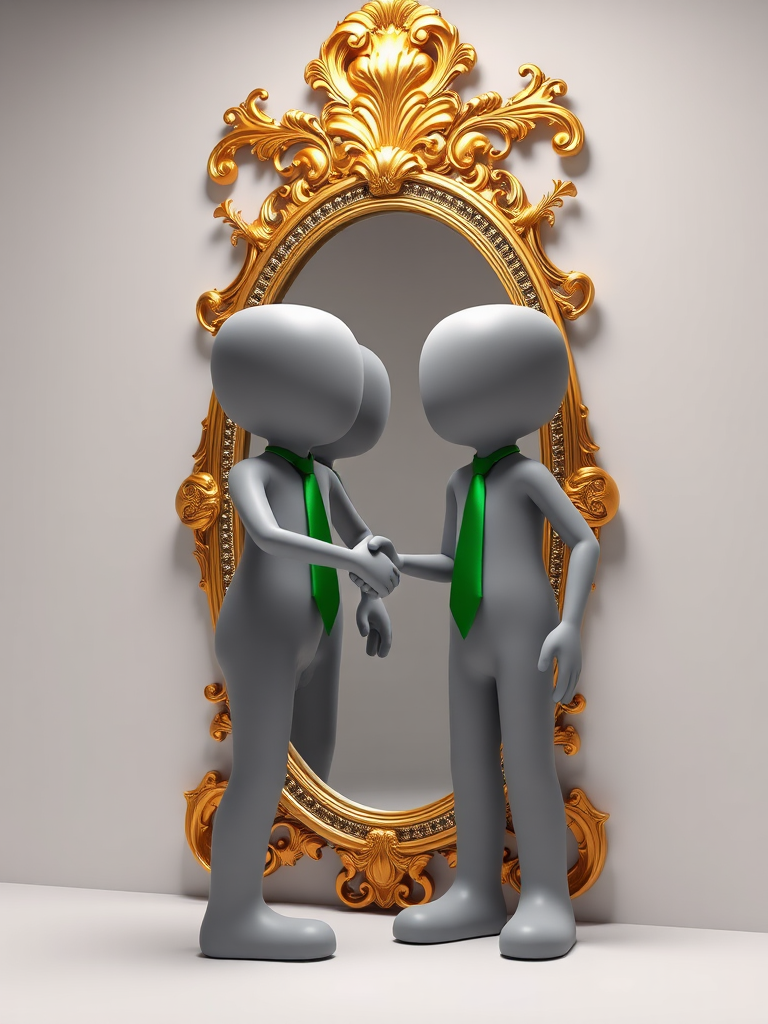 Create a 3D rendering of a stylized humanoid figure with a gray body and a green tie standing in front of an ornate golden mirror, using soft lighting, a 50mm lens, f/2.8 aperture, ISO 100, in a studio setting, with a focus on the reflection showing the figure shaking hands with its own reflection.