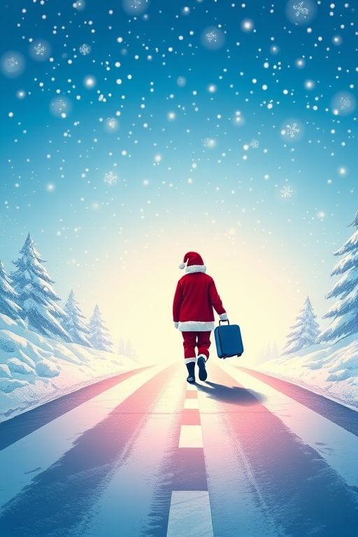 Create an illustration of a figure in a Santa suit walking down a snowy road with a blue suitcase, vibrant blue sky filled with snowflakes, use a Canon EOS R5 with a 50mm lens, f/1.8 aperture, ISO 200, and a shallow depth of field to enhance image quality.