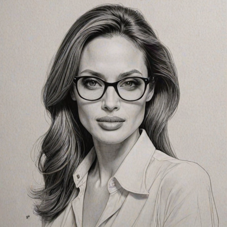 Delightful Angelina Jolie, pencil sketch, portrait of Delightful woman 1973s in glasses, hair style beatnik, outline, clear lines, fine lines, 8k
