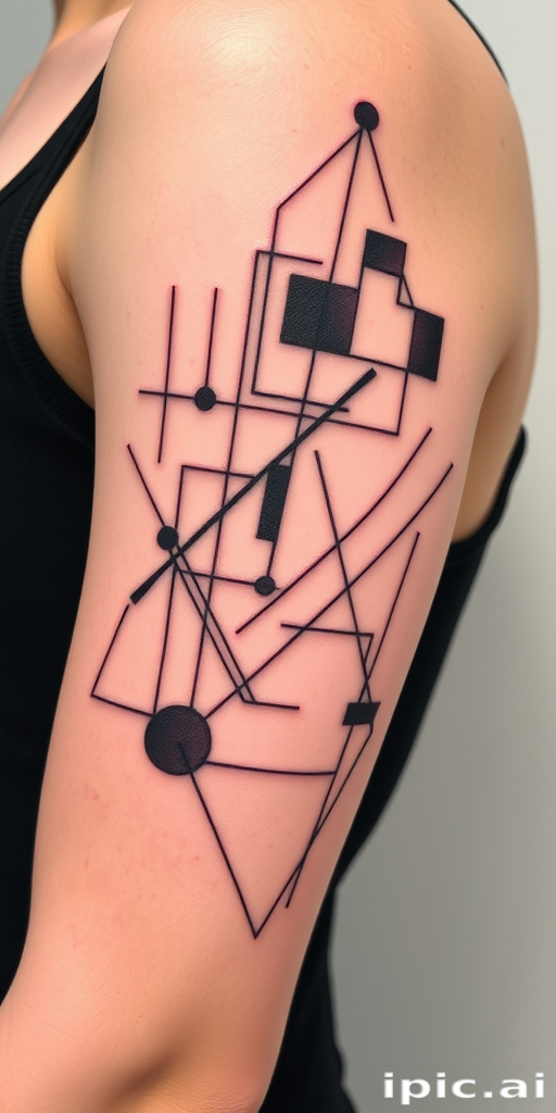 Abstract geometric tattoo featuring interconnected shapes and lines in varying thicknesses, creating a modern and dynamic composition that flows with the contours of the bicep