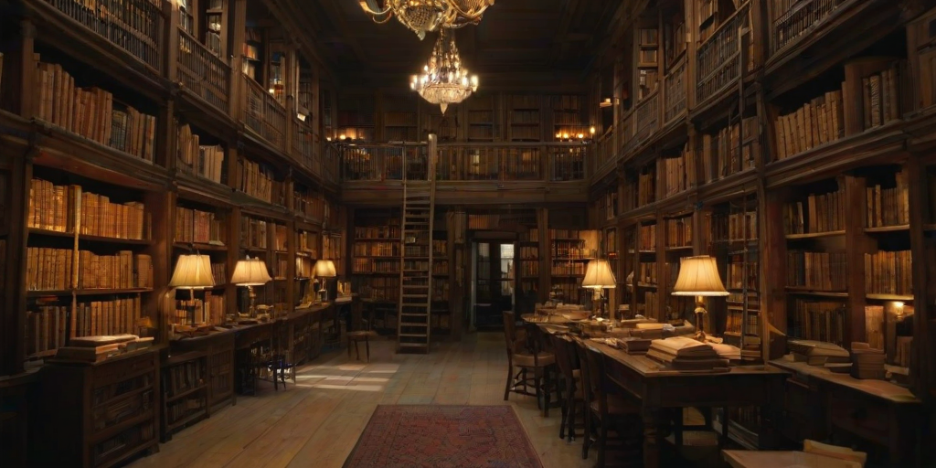 Sharp, high-resolution image of an old library, towering shelves filled with dusty books, wooden ladders propped against the shelves, soft amber lighting from chandeliers overhead, a large wooden table in the center with ancient manuscripts and open books, the smell of aged paper filling the air.