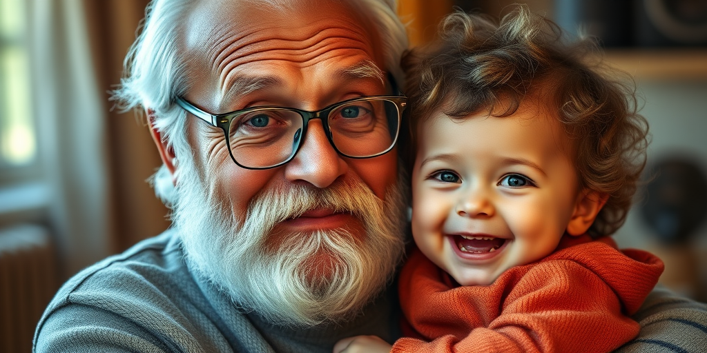 Create a hyper-realistic portrait of a wise elderly man with a white beard and glasses holding a joyful toddler with curly hair, warm lighting, soft focus, 85mm lens, f/1.8 aperture, ISO 100, natural light, and shallow depth of field to enhance details and textures.