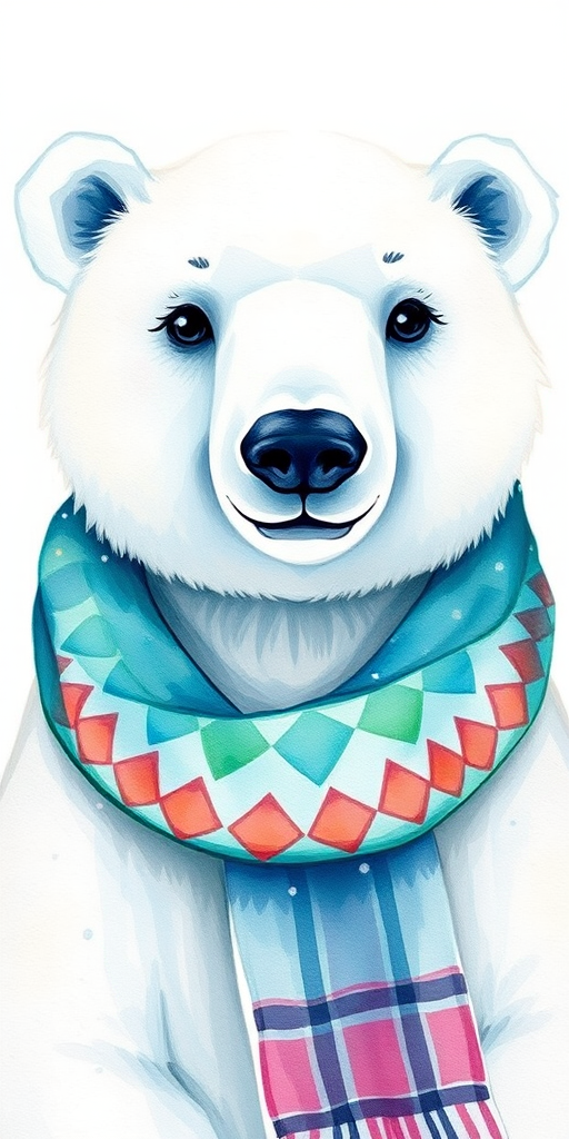 Create a watercolor illustration of a cute polar bear wearing a colorful patterned scarf, captured in a close-up view with soft focus using a DSLR camera set to f/4 aperture, ISO 200, and a focal length of 50mm.
