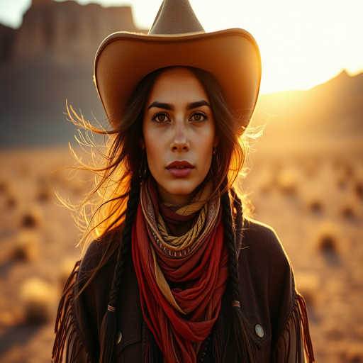 Dramatic photo of a beautiful Aymara woman, classic cowboy attire, confident and free spirit expression, half-length portrait, centered, golden hour desert landscape, warm, diffused light, low angle, medium format film camera, in style of Annie Leibovitz.