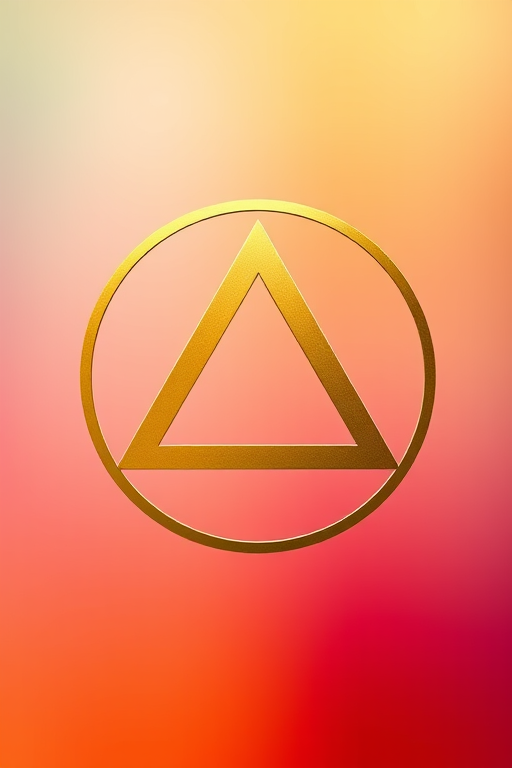 Create a high-resolution image of a golden triangle encased in a golden circle on a vibrant gradient background, using a DSLR camera with a 50mm lens, aperture set to f/2.8, ISO 100, natural lighting, and a shallow depth of field.