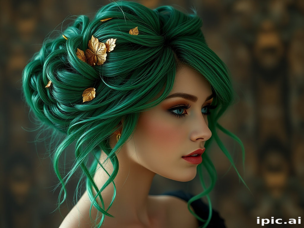 Enchanting emerald green-haired goddess with a textured, messy bun adorned with delicate gold leaf accents