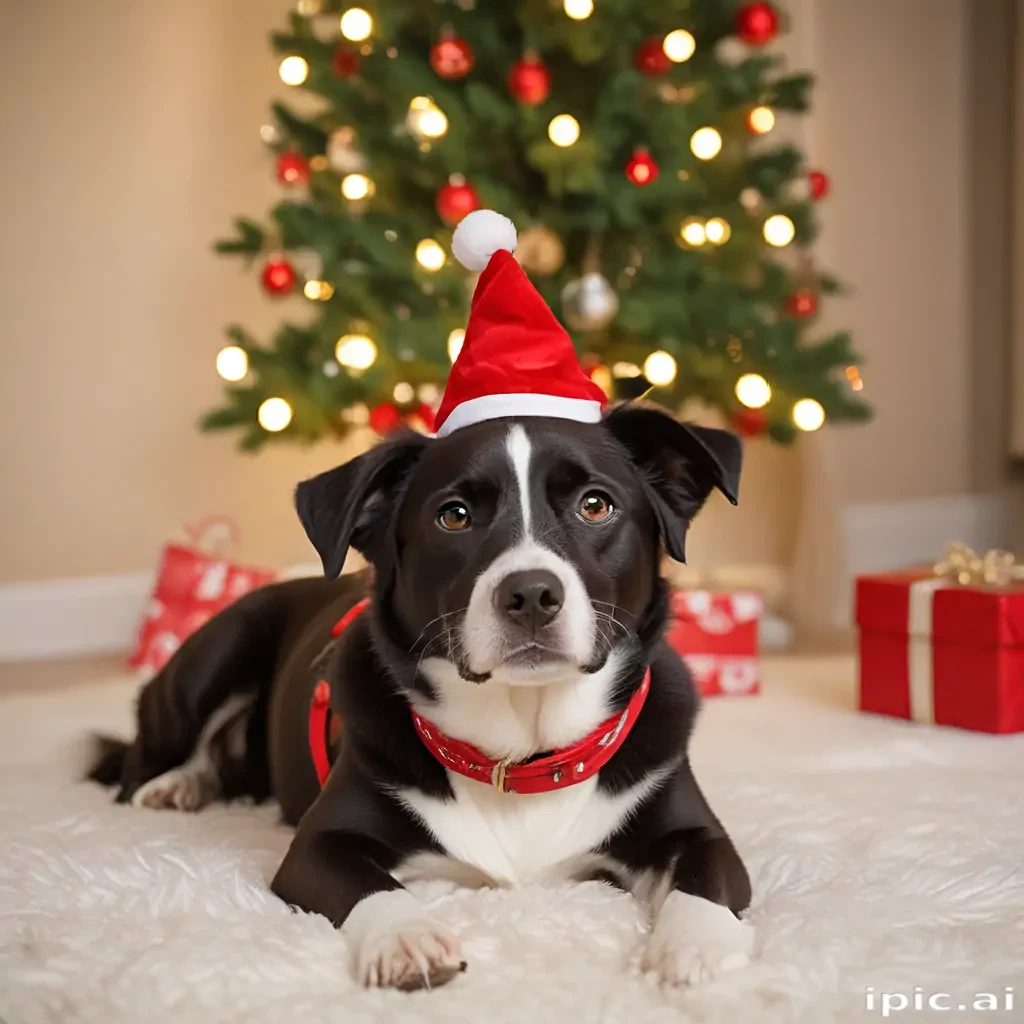 A Festively Dressed Dog Sitting in Front of a Christmas Tree.