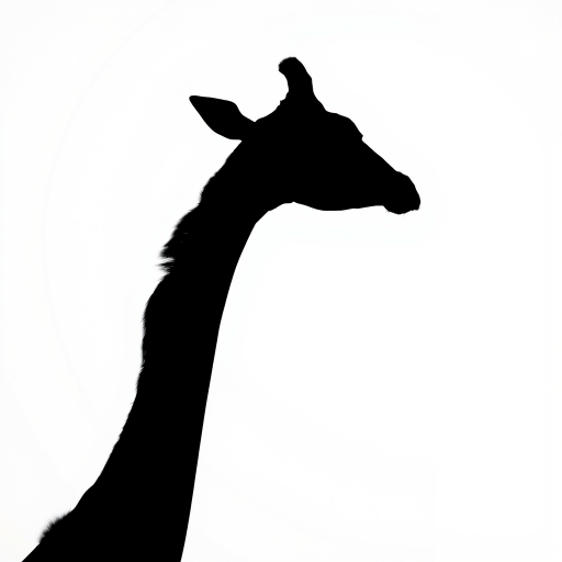 A silhouette of a giraffe in deep blue against a white background, captured with a 50mm lens, aperture f/2.8, ISO 100, soft diffused lighting, shot from a low angle to emphasize height, in a studio photography style using a digital DSLR camera.