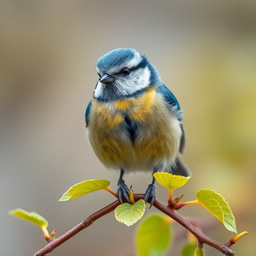 Capture a high-resolution image of a blue tit perched on a branch with green leaves, using a Canon EOS 5D Mark IV, 50mm lens, f/2.8 aperture, ISO 200, natural light, shallow depth of field for a soft background blur, focus on the bird.