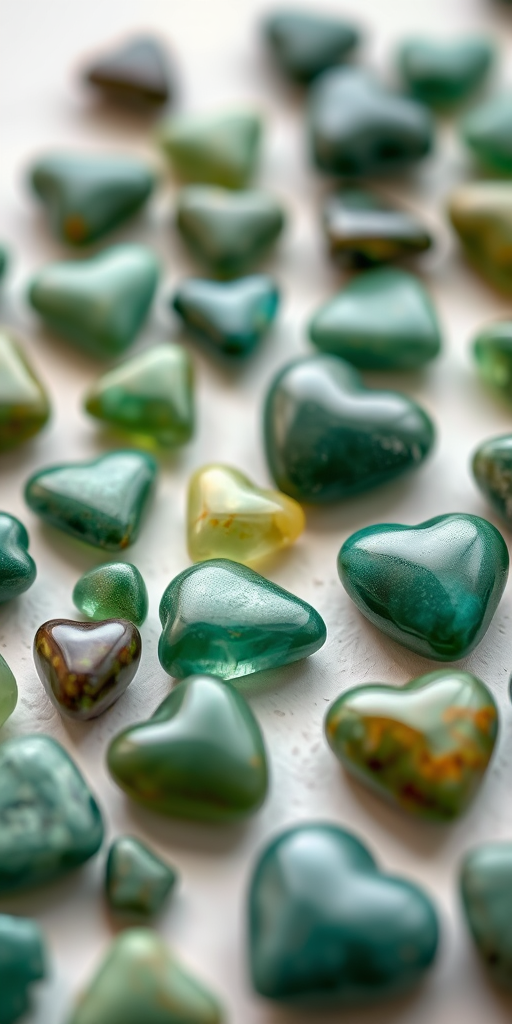 macro shot of various green heart-shaped stones arranged on a light surface, focus on texture and color depth, aperture f/2.8, shutter speed 1/60 sec, ISO 100, shot with a DSLR camera using a 100mm lens, natural light illumination