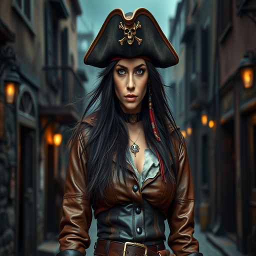 Create a portrait of a fierce female pirate. She wears a leather tricorn hat adorned with a skull and crossbones emblem, and her long, dark hair flows around her face. Her outfit consists of a richly detailed leather jacket, a corset, and multiple layers of belts and accessories, giving her a formidable and stylish appearance. She stands confidently in a dimly lit, historic port town, with a backdrop of weathered buildings and cobblestone streets, capturing the adventurous spirit of a pirate.