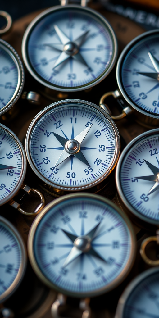 Create a high-resolution macro photograph of multiple compasses arranged closely together, using a DSLR camera with a 50mm lens, aperture set to f/2.8, ISO 100, shutter speed 1/200 sec, with natural light for enhanced color saturation and depth.