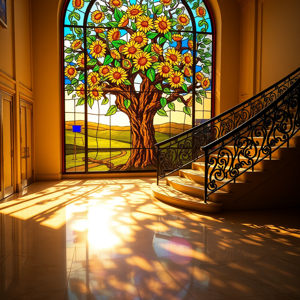 A stained glass window featuring a large, vibrant tree with blooming sunflowers as its focal point. The sunlight passes through the glass, casting multicolored shadows across the floor and a grand, curved staircase with ornate iron railings. The overall ambiance is warm, with golden sunlight enhancing the vivid colors of the stained glass, creating a serene and artistic atmosphere in a spacious room with polished marble floors. The scene is elegant and peaceful, with a blend of nature and architectural beauty.
