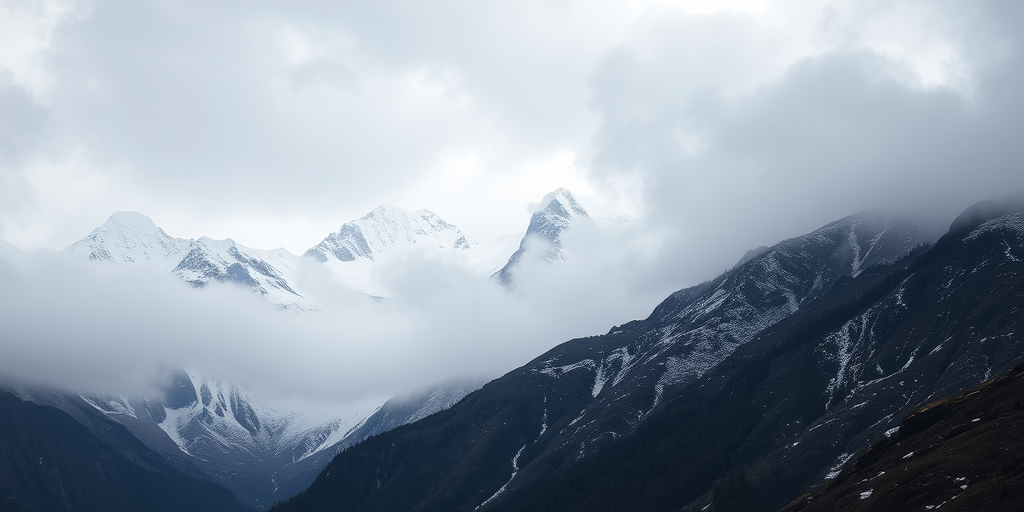 capture a dramatic mountain landscape shrouded in fog with snow-covered peaks, using a DSLR camera set to f/8, ISO 100, shutter speed 1/200 sec, 50mm lens, in landscape orientation, shooting from a low angle to emphasize the height and majesty of the mountains