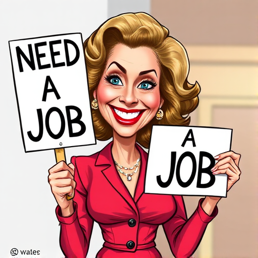 caricature of a smiling Lauren Bacall in a Vivid dress or suit, holding up a sign that says "NEED A JOB", no watermark,