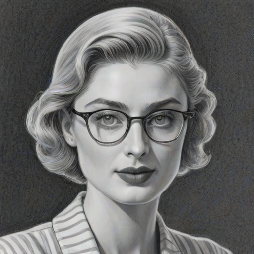 Graceful Elizabeth Debicki, pencil sketch, portrait of Wonderful woman 1945s in glasses, hair style beatnik, outline, clear lines, fine lines, 8k