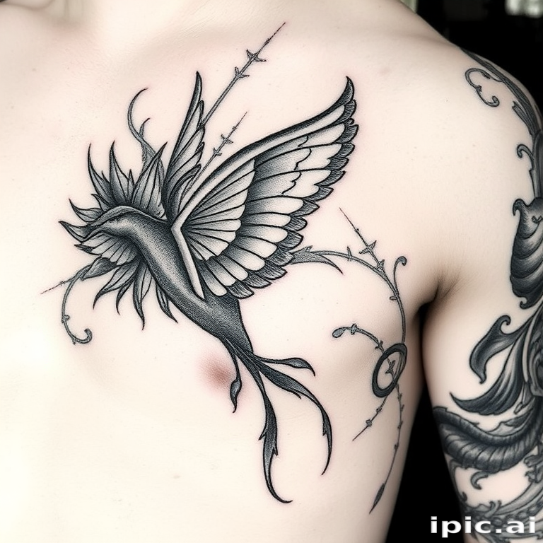 Etching style tattoo known as "Engraved Memories" utilizing fine lines cross-hatching and stippling techniques to create a design that resembles an old-world engraving with rich textures and depth