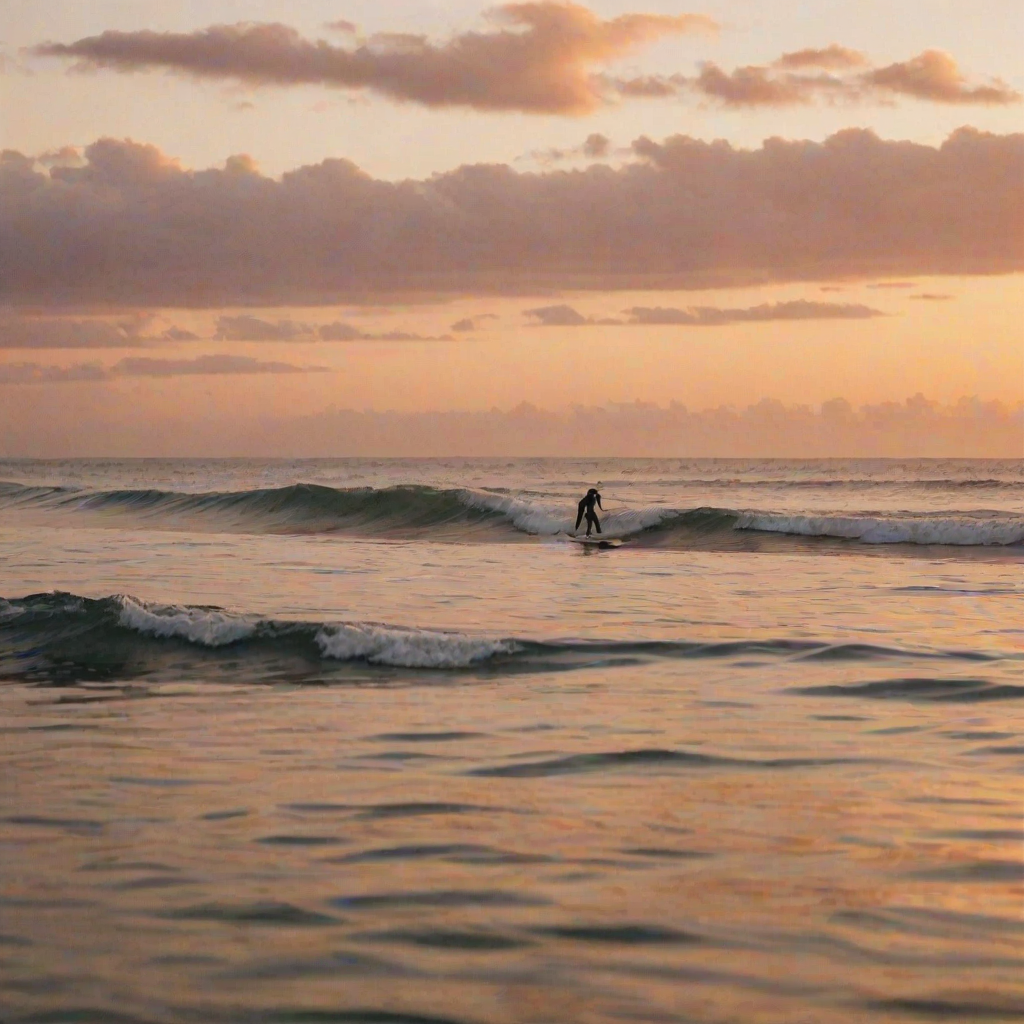 Blurry action shot of a surfer paddling out towards an oncoming wave at sunset, soft golden light illuminating the water's surface, with distant clouds painted in orange and pink hues.