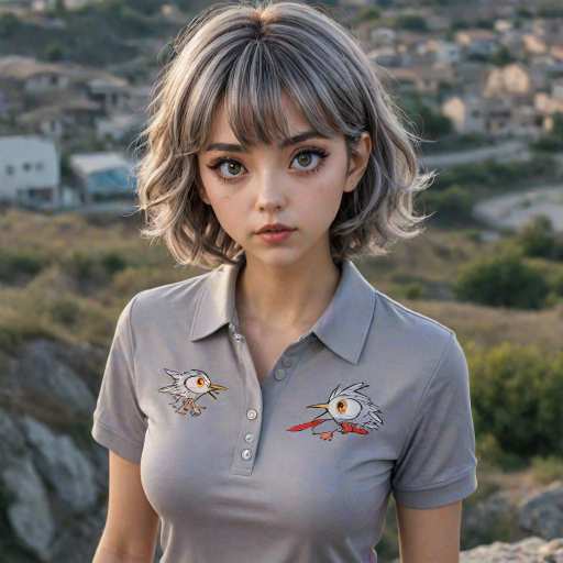 bird's-eye view, Serial Killer, on a hill, San Marinese eighteen Gaudia is well-defined, cursed, her slate gray shag haircut, her astonished honey eyes are tiny, gray heart-shaped lips, round face shape, very light skin, huge perky breasts, graceful arch of the foot, disgust face, (glamorous evening makeup:1.3), she is dressed in a patterned golf polo shirt and lightweight golf pants with a cropped length, casual hands-in-pockets stance, (Anime), big eyes, exaggerated expressions, stylized hair, manga