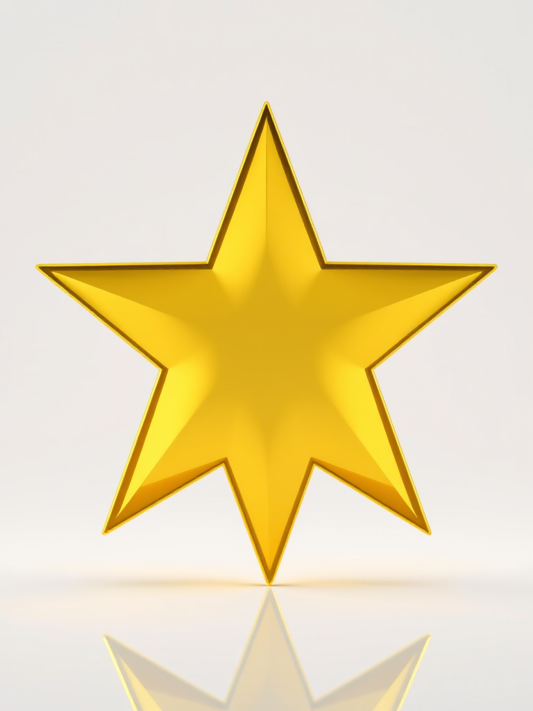 Generate a 3D golden star with sharp edges and a reflective surface, captured in vibrant detail using a DSLR camera with a 50mm lens, aperture set to f/2.8, ISO 100, in a soft diffused lighting environment to enhance depth and highlights, focusing on a clean white background.