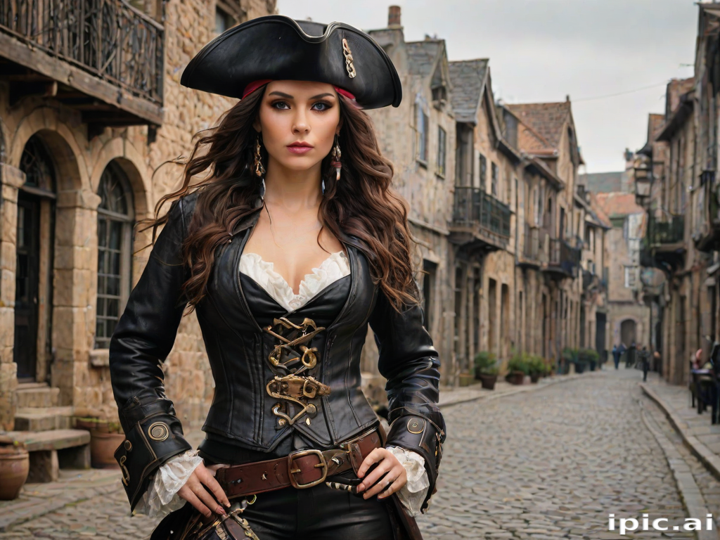 Create a portrait of a fierce female pirate. She wears a leather tricorn hat adorned with a skull and crossbones emblem, and her long, dark hair flows around her face. Her outfit consists of a richly detailed leather jacket, a corset, and multiple layers of belts and accessories, giving her a formidable and stylish appearance. She stands confidently in a dimly lit, historic port town, with a backdrop of weathered buildings and cobblestone streets, capturing the adventurous spirit of a pirate.