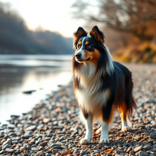 Generate a high-resolution image of a collie standing on a pebbled riverbank, with soft natural lighting, a shallow depth of field, using a DSLR camera at f/2.8, ISO 100, and a shutter speed of 1/500 seconds.