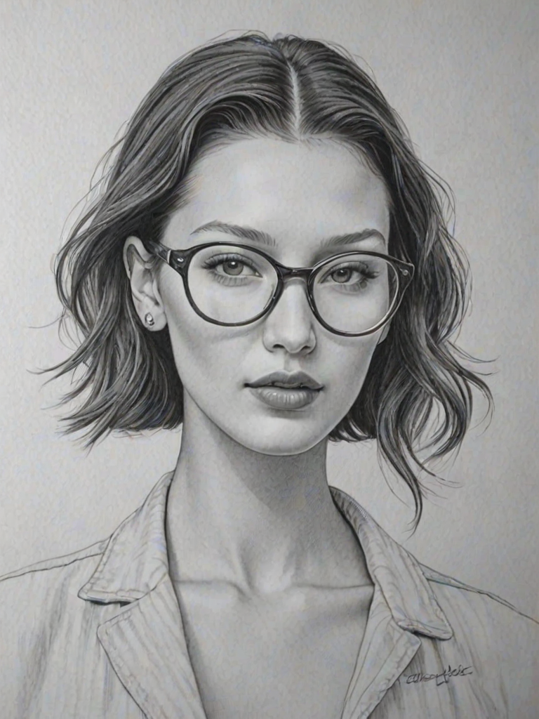 Delightful Bella Hadid, pencil sketch, portrait of Magnificent woman 1943s in glasses, hair style beatnik, outline, clear lines, fine lines, 8k