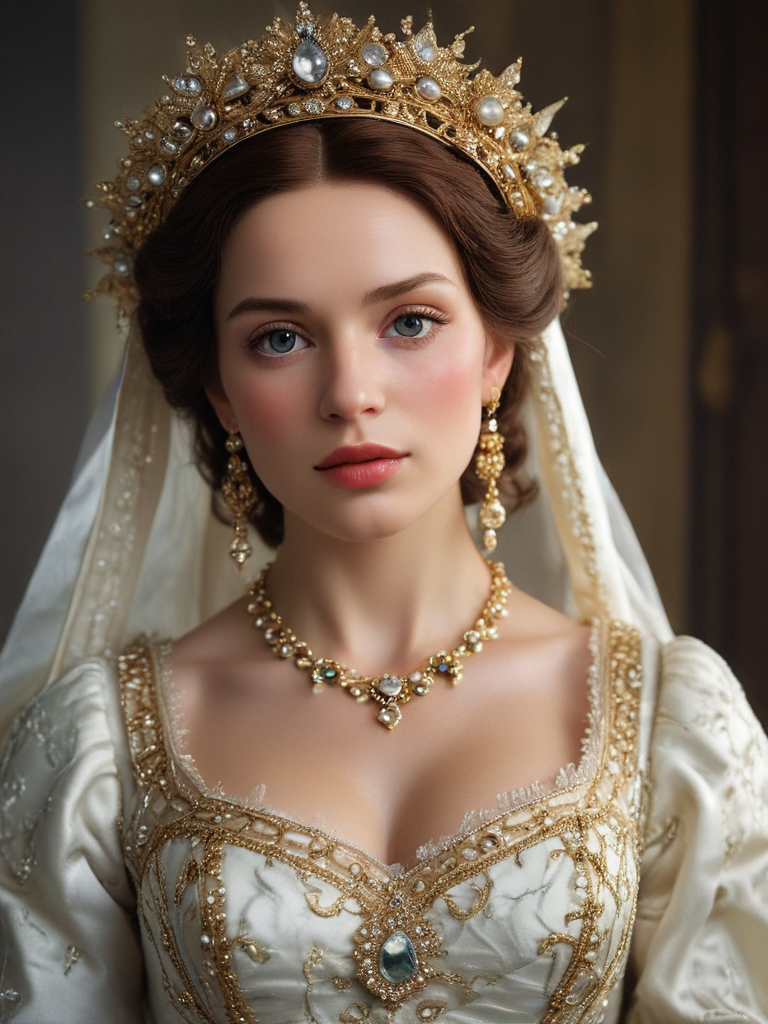 Regal Portrait of a Young Woman in Lavish Historical Royal Attire