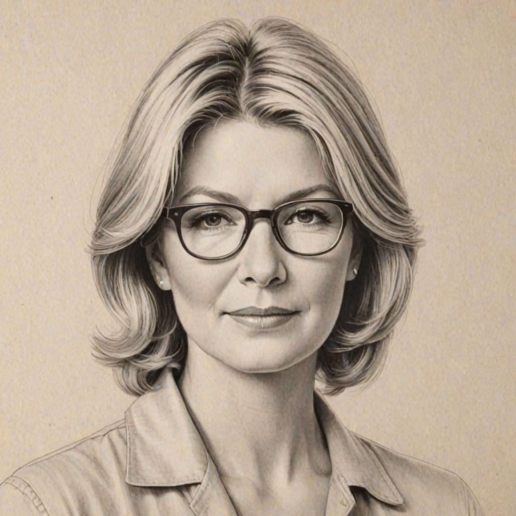 Captivating Martha Stewart, pencil sketch, portrait of Sublime woman 1967s in glasses, hair style beatnik, outline, clear lines, fine lines, 8k
