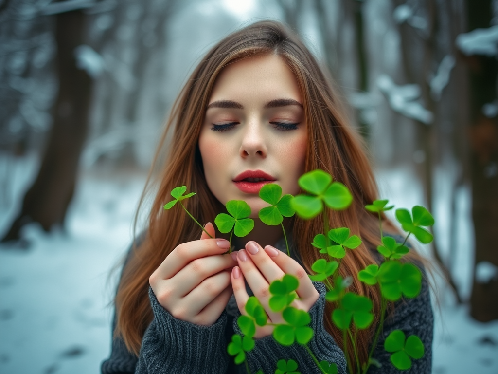 Create a portrait of a woman blowing green clovers in a snowy forest, with soft focus, shot with a 50mm lens at f/1.8, ISO 100, and a shutter speed of 1/200s, using a Canon DSLR with vibrant colors and a dreamy atmosphere.