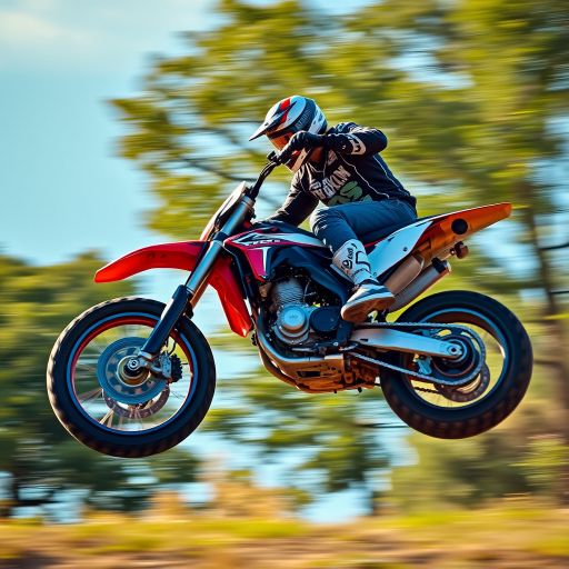 Regenerate the image of a motorcycle rider performing a jump with vibrant colors, using a DSLR camera with a 50mm lens, f/2.8 aperture, ISO 200, 1/1000 sec shutter speed, and dynamic low-angle view to capture motion and enhance image quality.