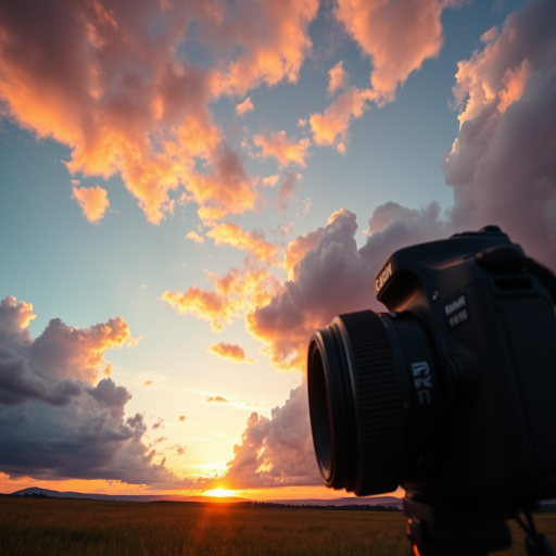 Create a high-resolution image of a scenic landscape at sunrise with vibrant colors and dramatic clouds, using a DSLR camera with a 24mm lens at f/8 for depth of field, ISO 100, and a shutter speed of 1/125 seconds, capturing the scene from a low-angle perspective.