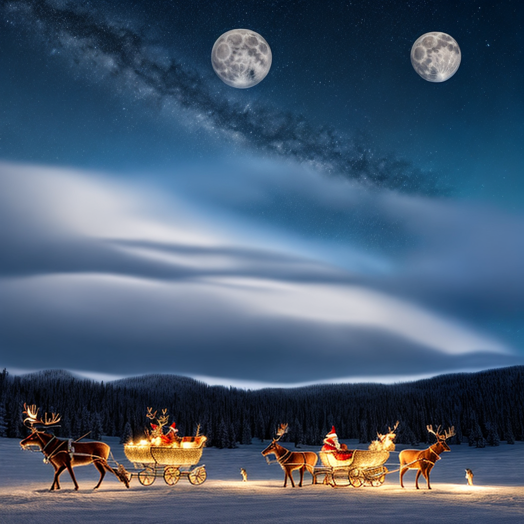 Santa in his sleigh with reindeer flying on Christmas Eve under a full ...