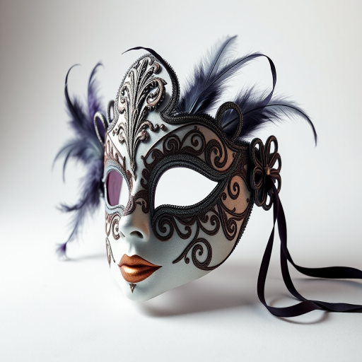 Create a detailed, high-resolution illustration of an ornate masquerade mask with intricate patterns and feathers, captured in a studio with soft, diffuse lighting, using a Canon EOS R5 camera, 50mm lens, f/2.8 aperture, ISO 100, and a 1/125 shutter speed.
