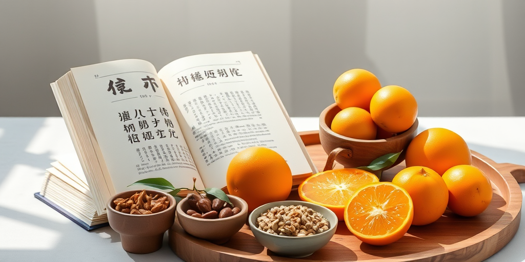 A well-lit still life composition featuring a closed book with Chinese characters on the cover, a wooden platter with assorted fruits like oranges and longan, accompanied by small bowls filled with nuts and seeds, shot with a Canon EOS R5, 50mm lens, f/1.8 aperture, ISO 100, natural daylight for soft shadows and enhanced color vibrancy.
