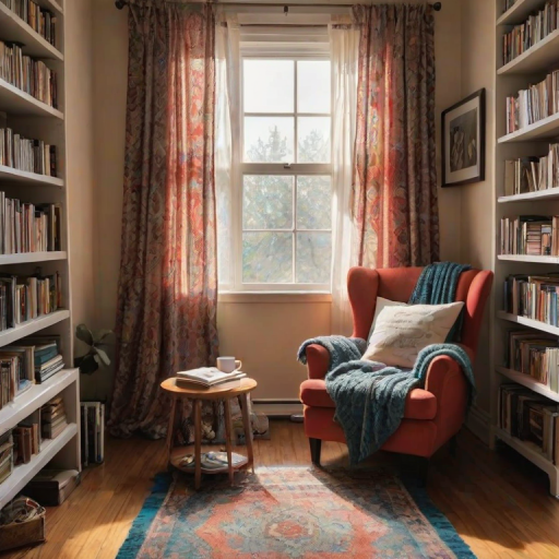 Cozy reading nook, featuring a large armchair with a knitted blanket draped over it, a small bookshelf overflowing with colorful novels, and a steaming cup of tea on a wooden side table, sunlight filtering through a window adorned with sheer curtains.