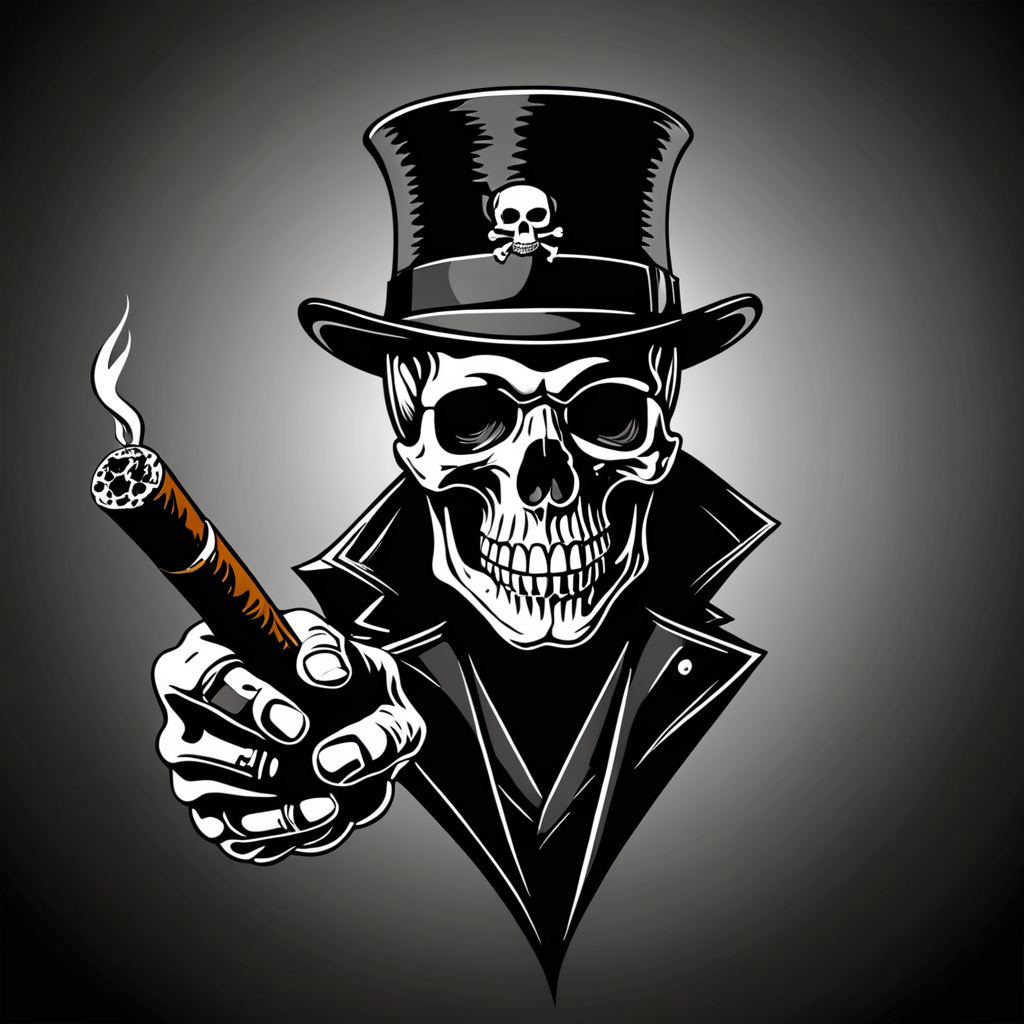 vector black and white picture skull with cylinder hat and cigar, hand of bones in fist centre finger up