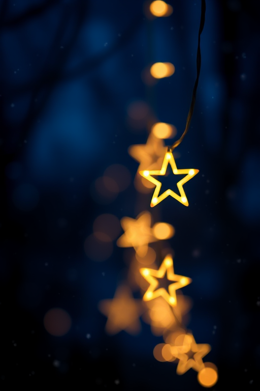 Generate an image of a nighttime scene with soft bokeh lights in the background. Include string lights shaped like stars, softly glowing against a dark blue backdrop. Add a gentle snowfall effect to enhance the magical atmosphere.