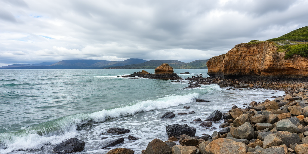 Capture a coastal scene featuring gentle waves lapping against rocky shores, with a backdrop of rolling hills and cloudy skies; use a DSLR camera, aperture f/8, shutter speed 1/250 sec, ISO 100, focal length 24mm, landscape orientation, and a polarizing filter for enhanced color and contrast.
