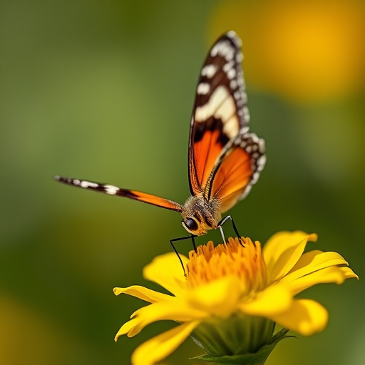 butterfly on a yellow flower, shallow depth of field, natural light, macro lens, ISO 100, aperture f/2.8, shutter speed 1/250 sec, soft focus background, vibrant colors, high contrast