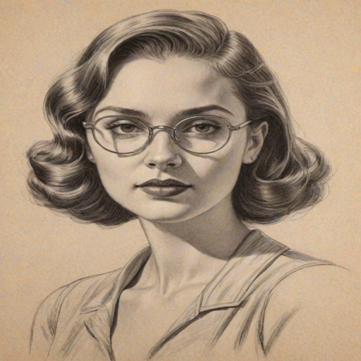 Graceful Madelyn Cline, pencil sketch, portrait of Gorgeous woman 1930s in glasses, hair style beatnik, outline, clear lines, fine lines, 8k