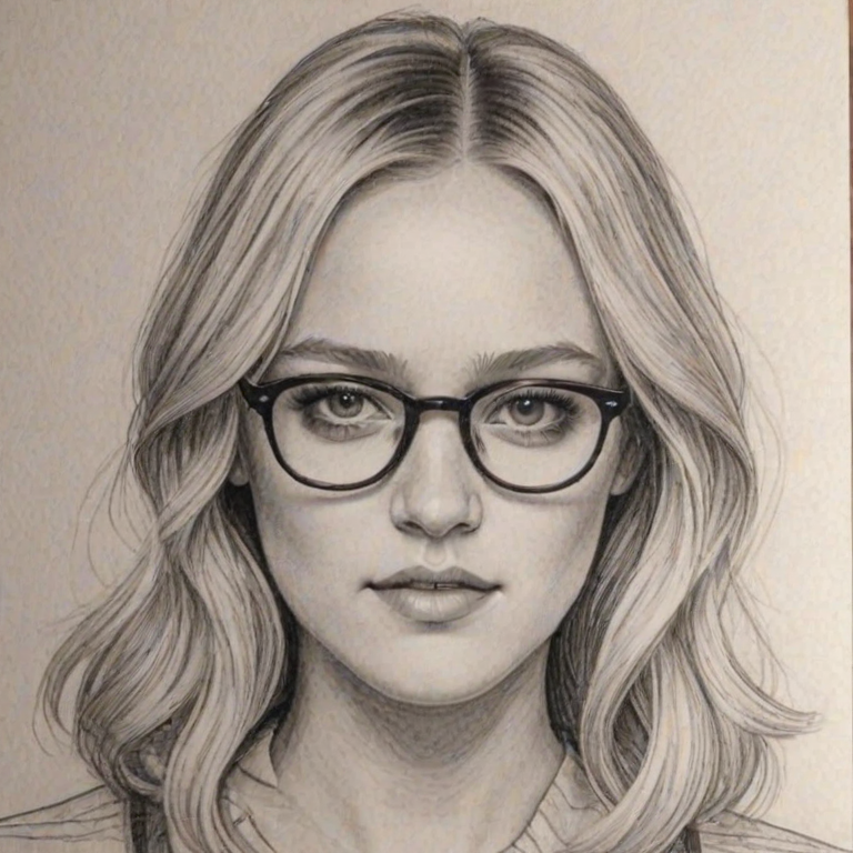 Wonderful Maika Monroe, pencil sketch, portrait of Magnificent woman 1978s in glasses, hair style beatnik, outline, clear lines, fine lines, 8k
