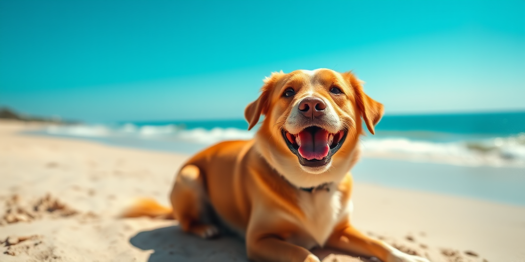 A happy dog sitting on the beach with a bright blue sky and ocean in the background, captured using a DSLR camera with a 50mm lens, aperture f/2.8, ISO 100, shutter speed 1/1000 sec, in natural light for enhanced clarity.