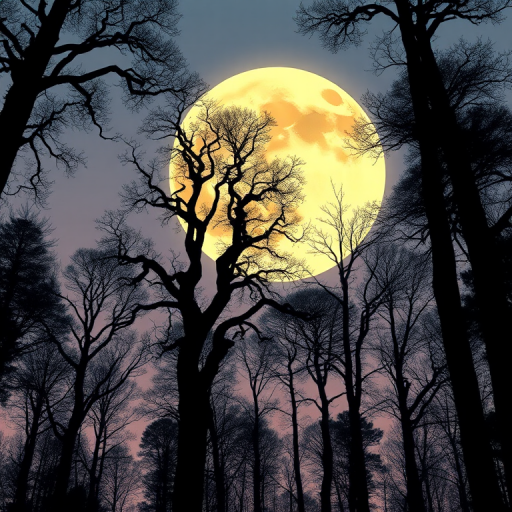 generate an illustration of tall trees with intricate branches silhouetted against a large, glowing moon, viewed from below, at twilight, using a soft focus camera style settings of f/2.8 aperture, 50mm lens, ISO 200, to enhance image quality and create a dreamy atmosphere