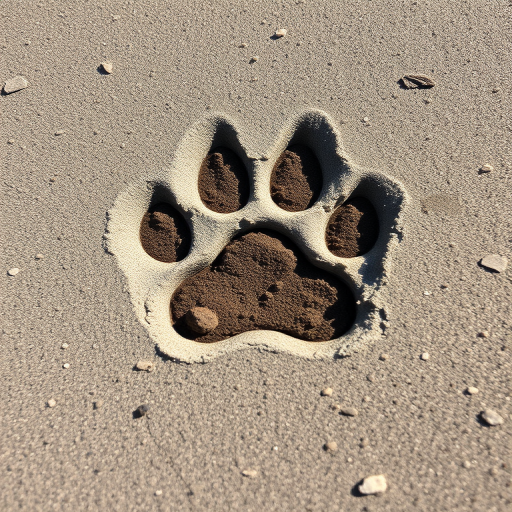 Create a high-resolution image of a pet paw print on a textured surface, using a DSLR camera with an aperture of f/2.8, ISO 100, shutter speed of 1/200s, in a close-up perspective with natural lighting.