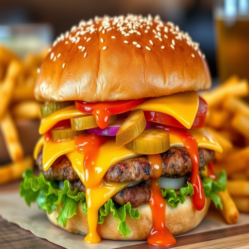 High-resolution, close-up image of a gourmet double cheeseburger. The burger features a glossy, sesame-seed-topped brioche bun. Inside, there are two thick, juicy beef patties, each topped with melted cheddar cheese. The burger is garnished with fresh lettuce, tomato slices, diced onions, and pickles. A generous amount of ketchup and a creamy, orange-colored sauce is dripping down the sides, adding to the mouth-watering appeal. In the background, there are blurred elements including a side of golden French fries and a hint of a beverage, enhancing the overall presentation of a delicious meal.
