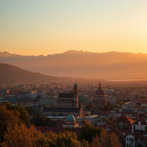 landscape photograph of a city with mountains in the background during golden hour, Canon EOS R5, 35mm lens, aperture f/8, ISO 100, shutter speed 1/200 sec, wide-angle view, soft colors and high detail