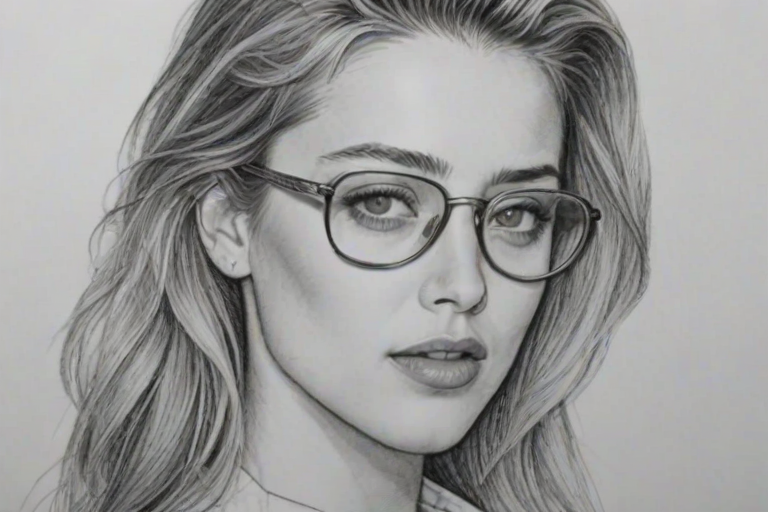 Splendid Amber Heard, pencil sketch, portrait of Resplendent woman 1980s in glasses, hair style beatnik, outline, clear lines, fine lines, 8k