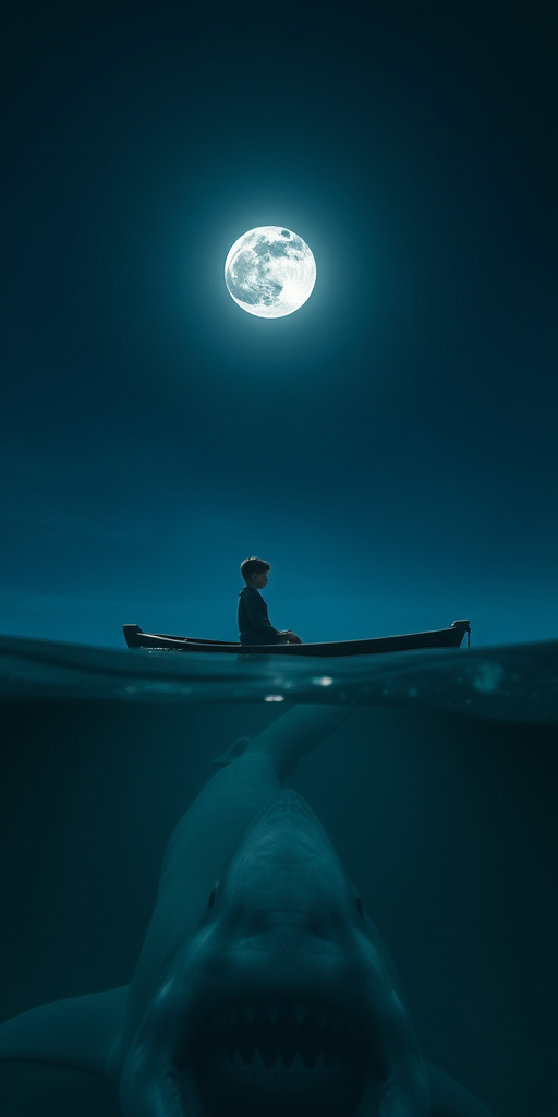 a child sitting in a small boat under a full moon, with a large shark visible in the water below, low-angle view, cinematic style, ISO 100, aperture f/2.8, shutter speed 1/60s, DSLR camera, HDR processing, dramatic lighting